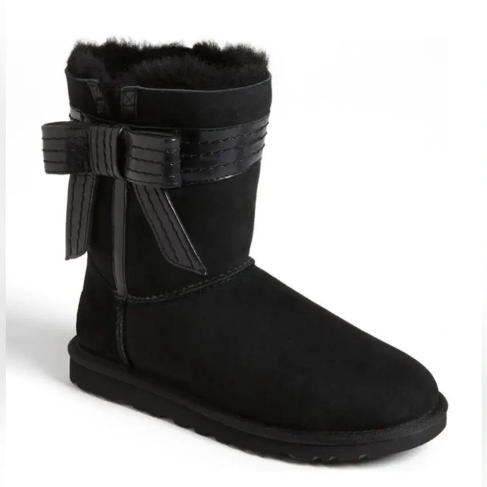UGG Black Bow Boot Josette Suede‎ Shoe Classic Sheepskin Leather Short 9